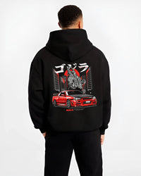 Black hoodie worn by a male model, back view, featuring Nissan Silvia S15 silvia turbo turbocharged racing drift jdm s15jdm.