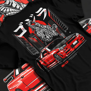 Black T-shirt laid flat with natural fabric folds, featuring Nissan Silvia S15 silvia turbo turbocharged racing drift jdm s15jdm.