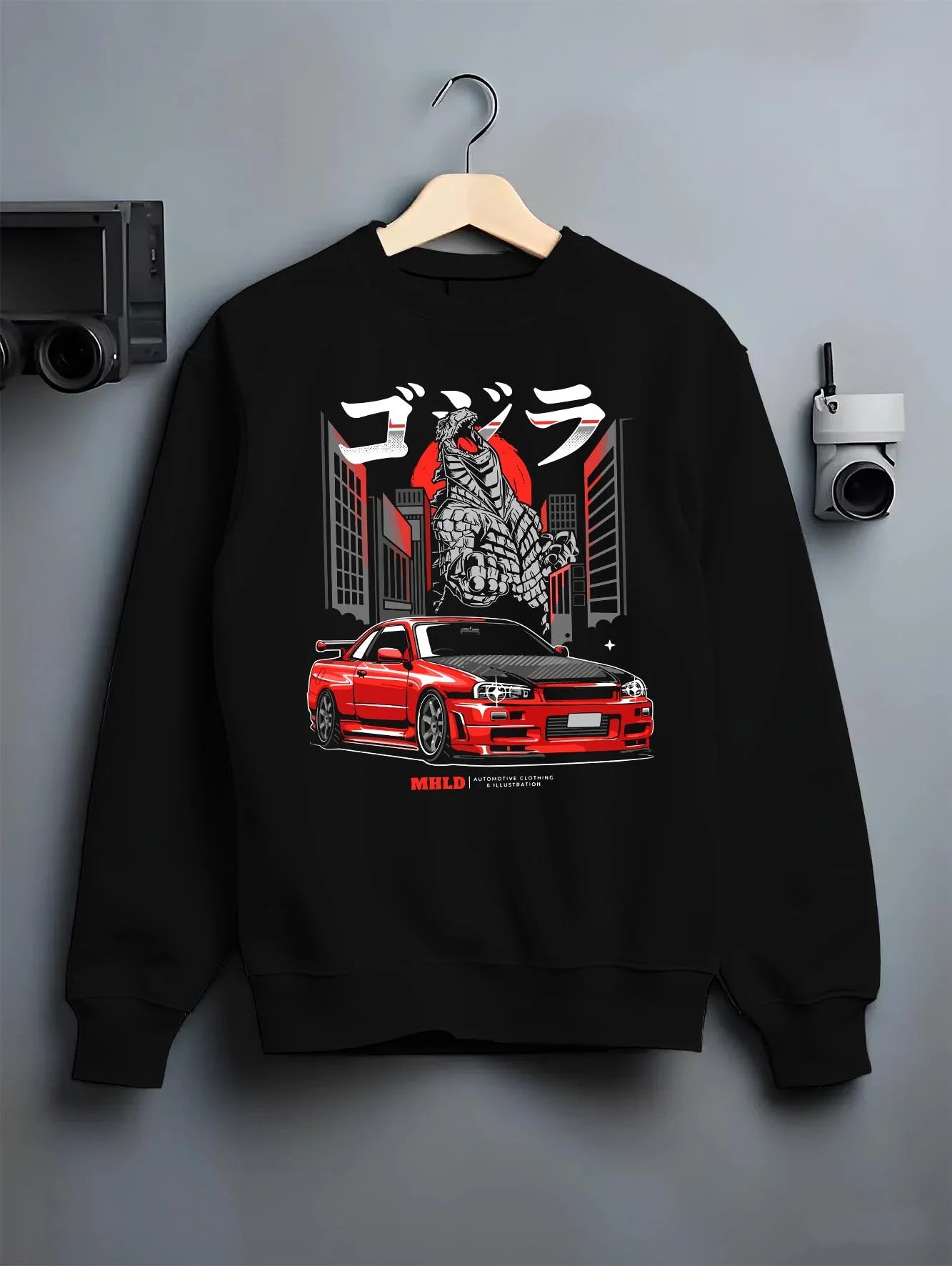 Black crewneck sweatshirt on a hanger against a grey wall, featuring Nissan Silvia S15 silvia turbo turbocharged racing s15jdm.