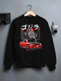 Black crewneck sweatshirt on a hanger against a grey wall, featuring Nissan Silvia S15 silvia turbo turbocharged racing s15jdm.