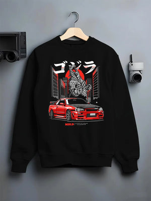 Black crewneck sweatshirt on a hanger against a grey wall, featuring Nissan Silvia S15 silvia turbo turbocharged racing s15jdm.