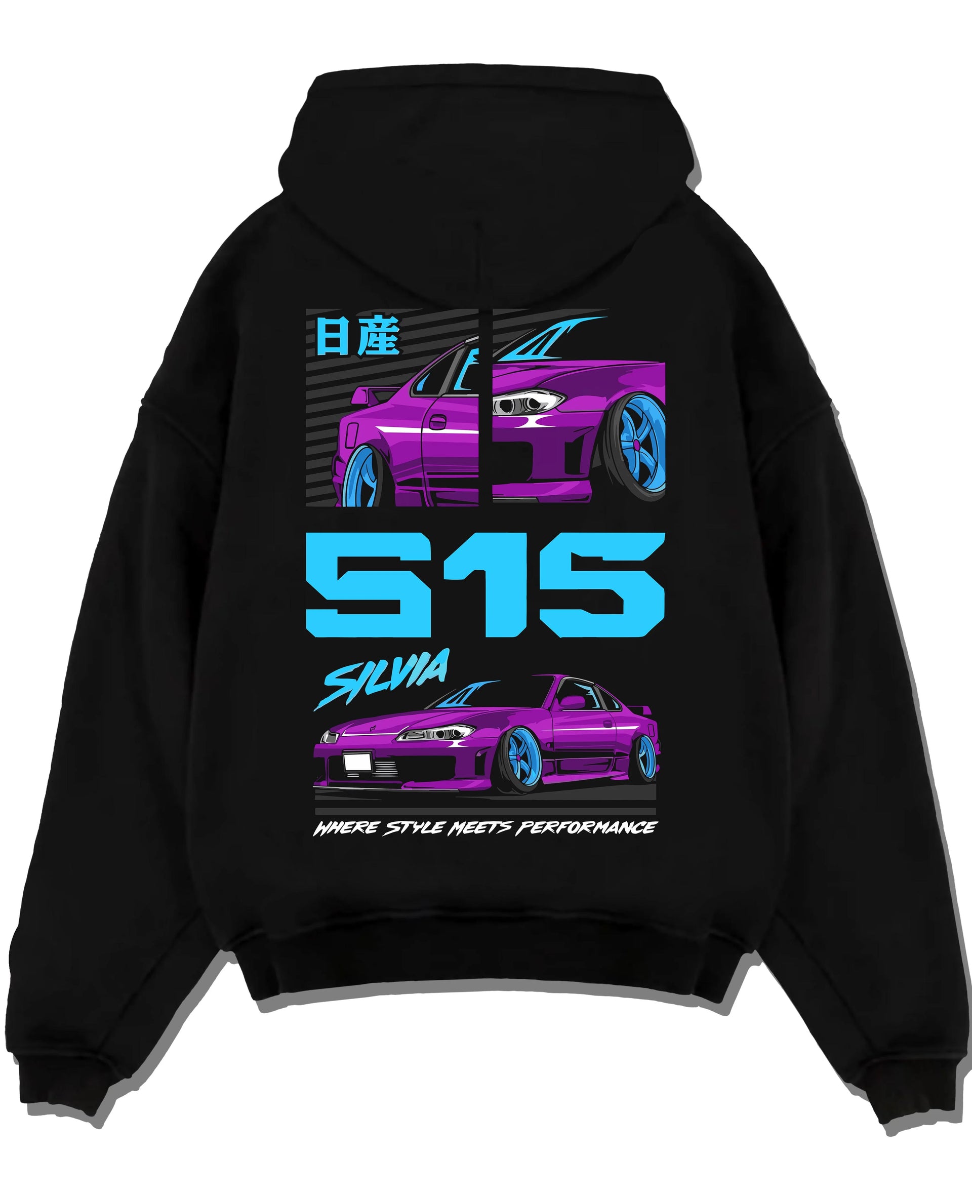 Black pullover hoodie laid flat on a white background, featuring Nissan Silvia S15 silvia racing drift jdm japanese street graphic.