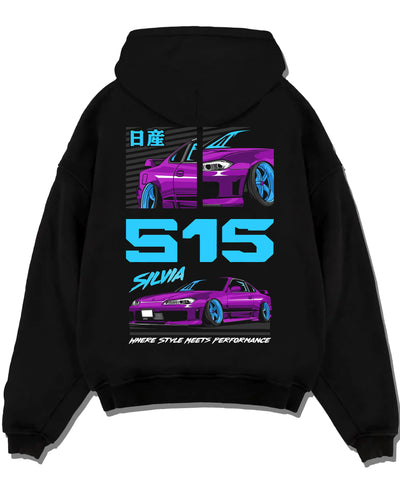 Black pullover hoodie laid flat on a white background, featuring Nissan Silvia S15 silvia racing drift jdm japanese street graphic.
