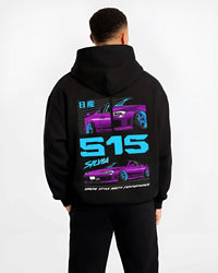 Black hoodie worn by a male model, back view, featuring Nissan Silvia S15 silvia racing drift jdm japanese street graphic.