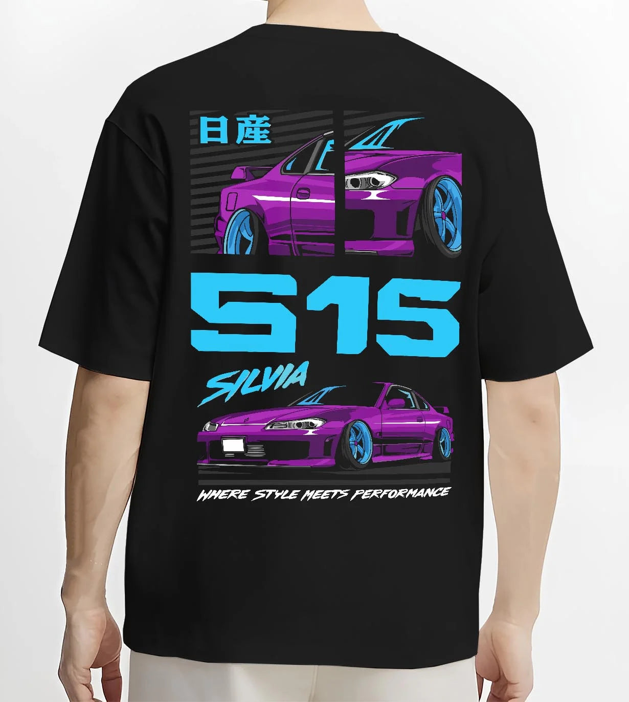 Black T-shirt worn by a male model, back view, featuring Nissan Silvia S15 silvia racing drift jdm japanese street graphic.