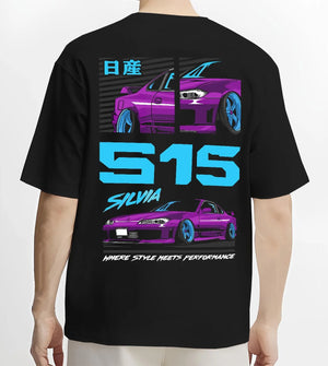 Black T-shirt worn by a male model, back view, featuring Nissan Silvia S15 silvia racing drift jdm japanese street graphic.