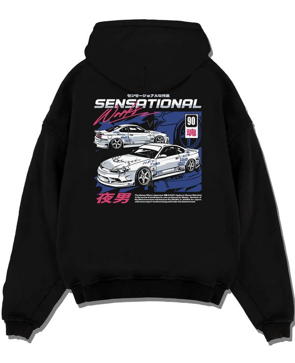 Black pullover hoodie laid flat on a white background, featuring Nissan Silvia S15 silvia racing drift jdm japanese street s15sns.