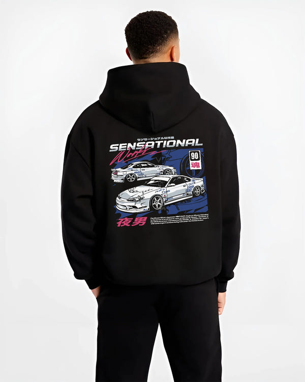 Black hoodie worn by a male model, back view, featuring Nissan Silvia S15 silvia racing drift jdm japanese street s15sns.