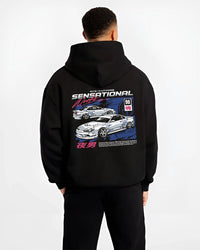 Black hoodie worn by a male model, back view, featuring Nissan Silvia S15 silvia racing drift jdm japanese street s15sns.