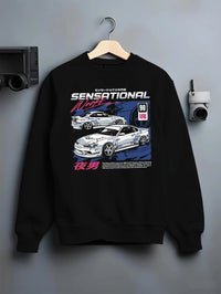 Black crewneck sweatshirt on a hanger against a grey wall, featuring Nissan Silvia S15 silvia racing drift jdm japanese s15sns.