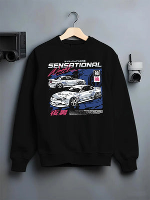 Black crewneck sweatshirt on a hanger against a grey wall, featuring Nissan Silvia S15 silvia racing drift jdm japanese s15sns.