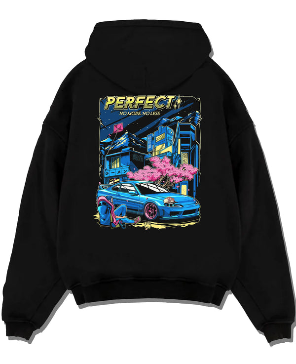 Black pullover hoodie laid flat on a white background, featuring Nissan SILVIA turbo racing drift jdm japanese tuner street graphic.