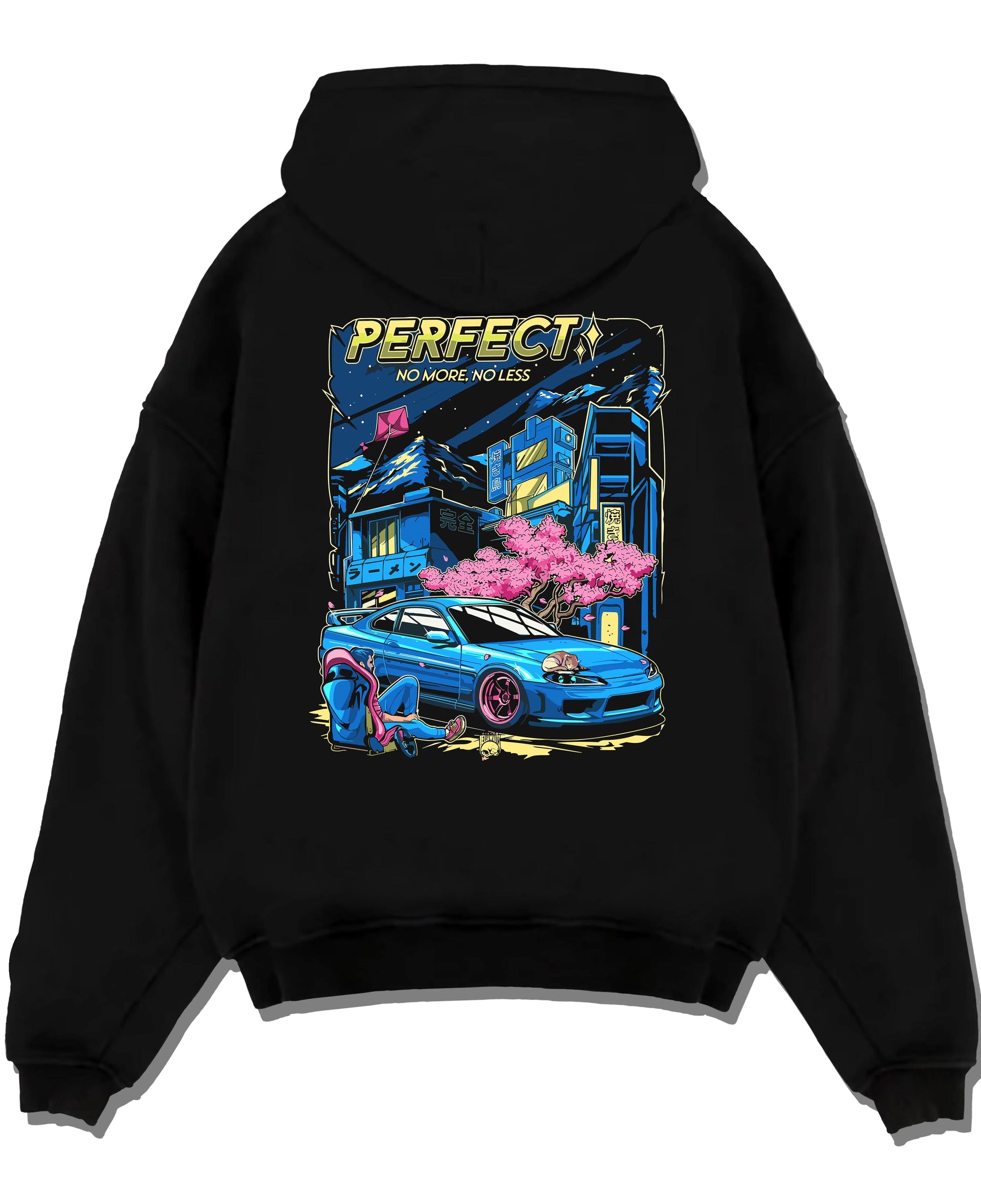 Black pullover hoodie laid flat on a white background, featuring Nissan SILVIA turbo racing drift jdm japanese tuner street graphic.