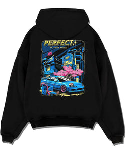 Black pullover hoodie laid flat on a white background, featuring Nissan SILVIA turbo racing drift jdm japanese tuner street graphic.