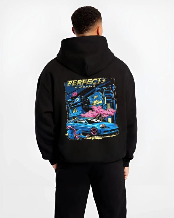 Black hoodie worn by a male model, back view, featuring Nissan SILVIA turbo racing drift jdm japanese tuner street legend graphic.