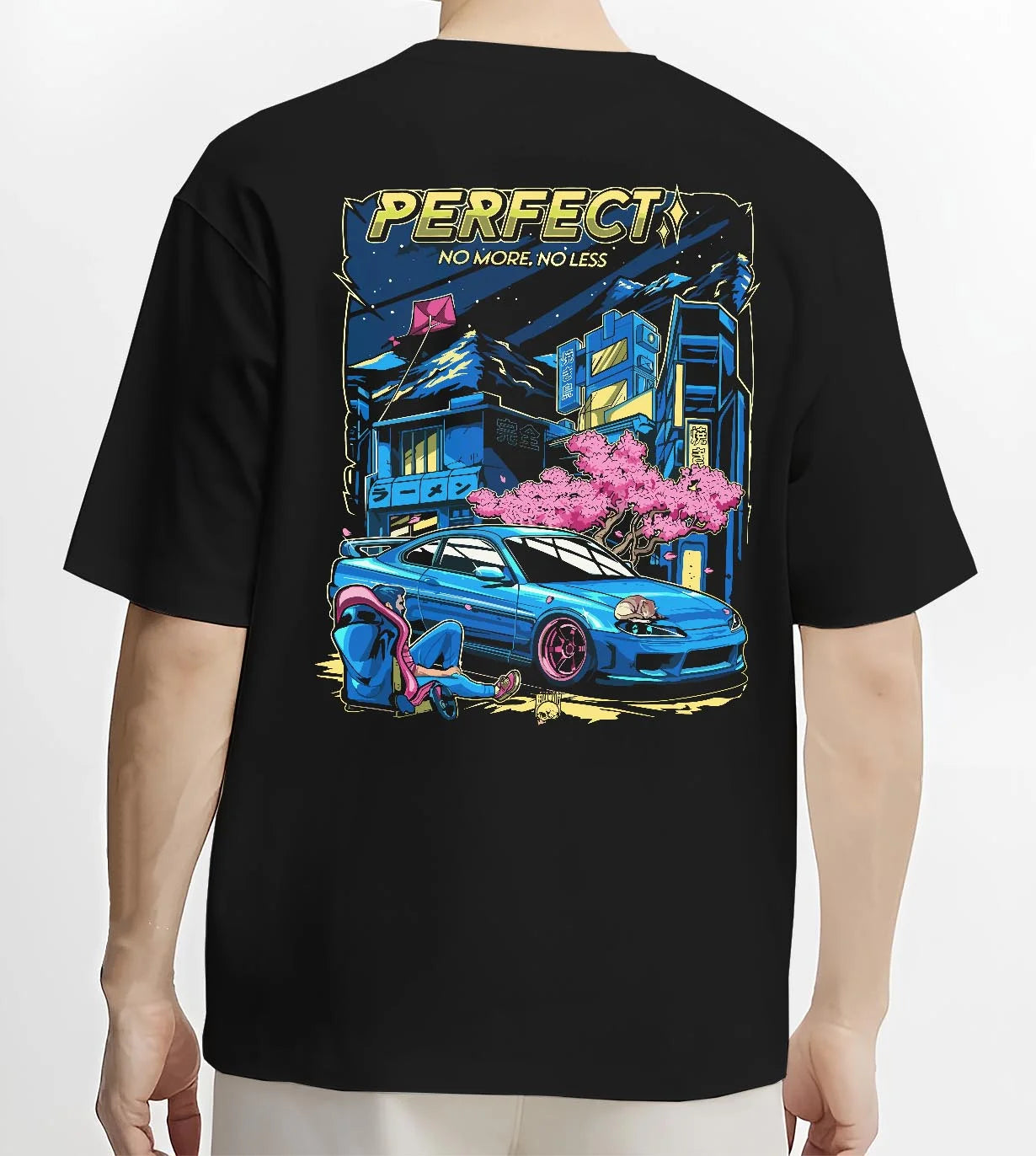 Black T-shirt worn by a male model, back view, featuring Nissan SILVIA turbo racing drift jdm japanese tuner street legend graphic.