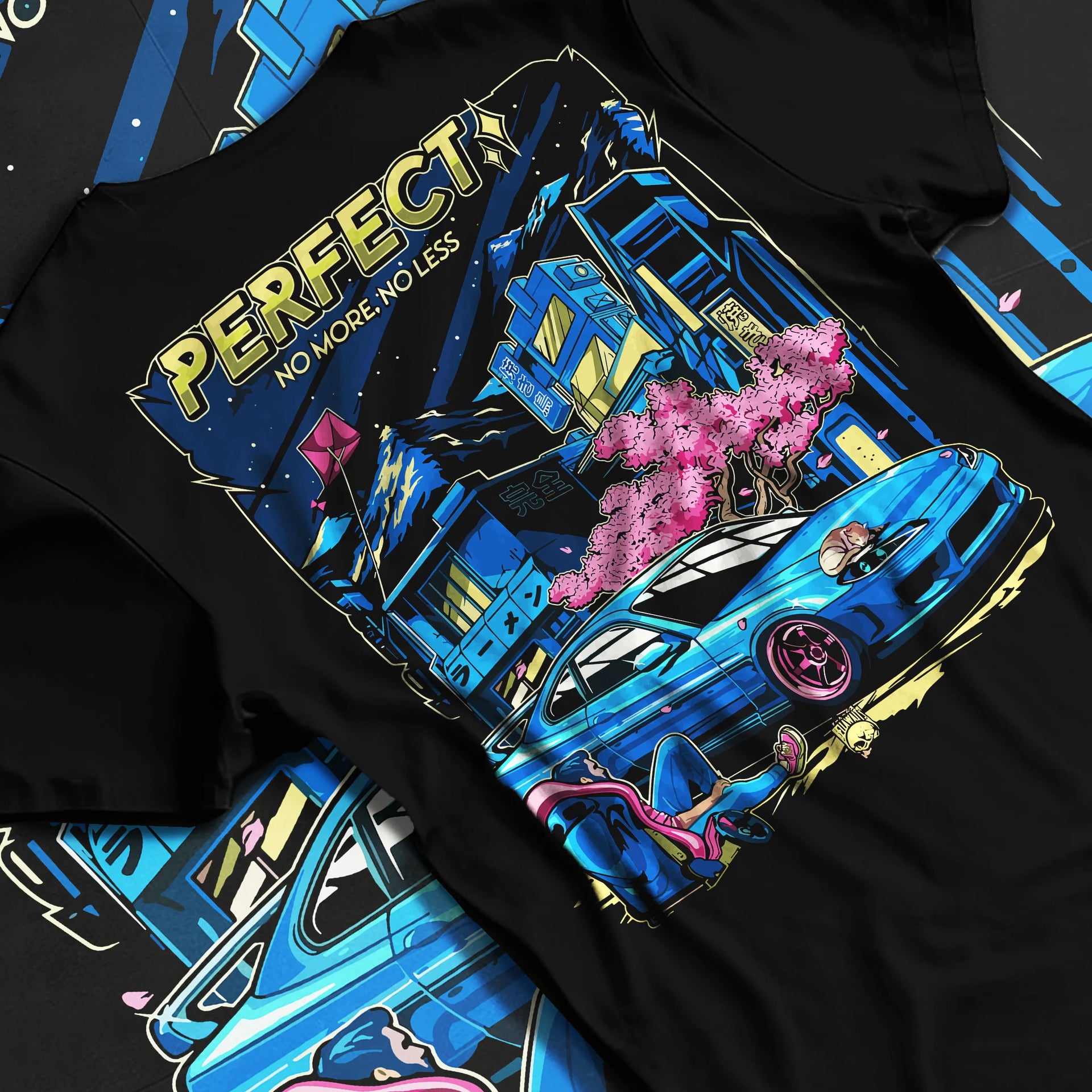 Black T-shirt laid flat with natural fabric folds, featuring Nissan SILVIA turbo racing drift jdm japanese tuner street graphic.