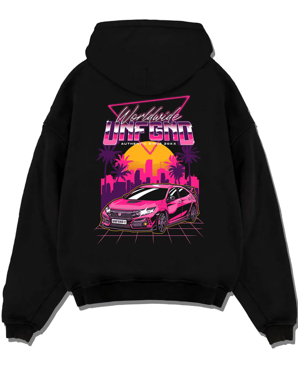 Black pullover hoodie laid flat on a white background, featuring Honda S2000 rs racing motorsport jdm tuner street graphic.