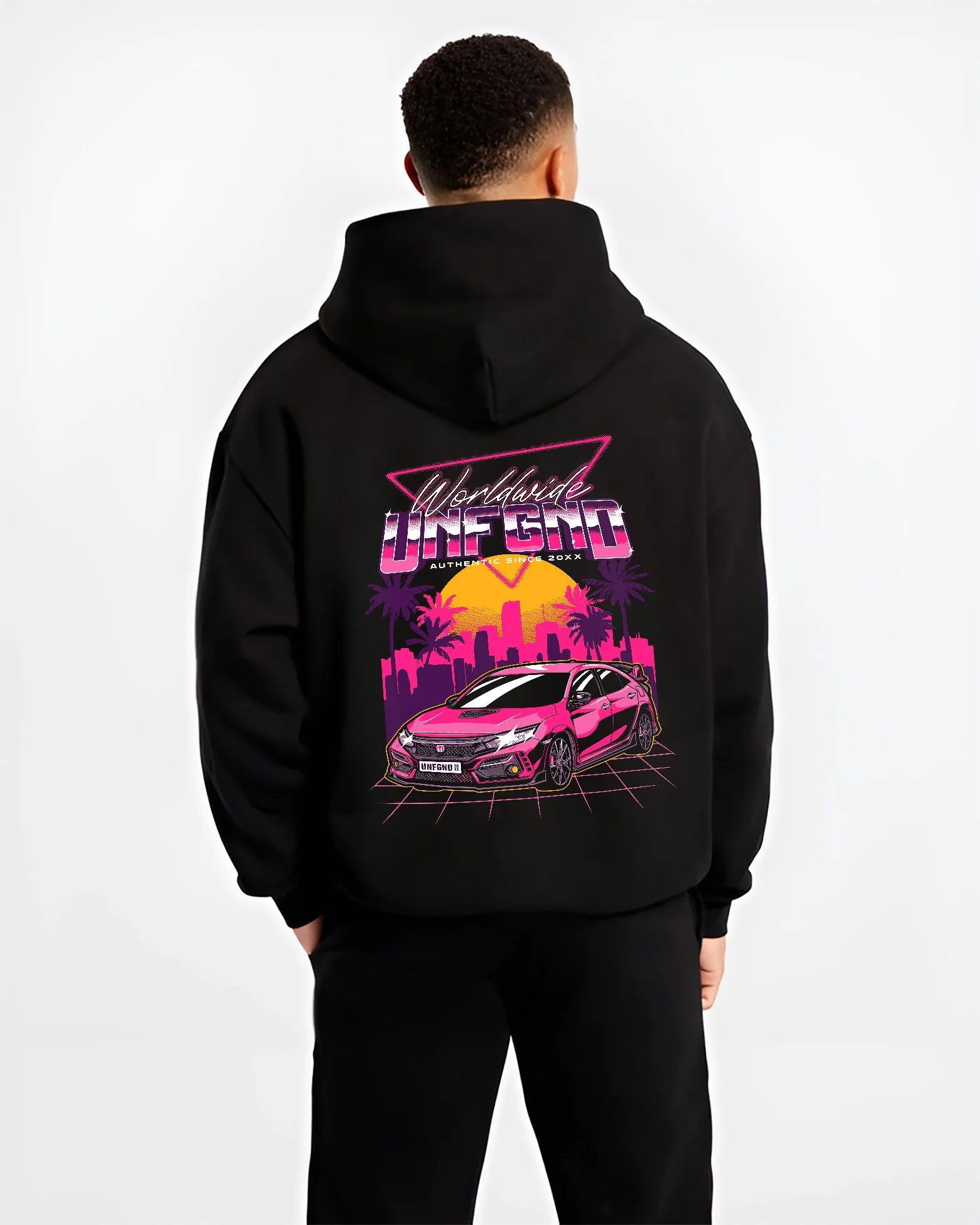 Black hoodie worn by a male model, back view, featuring Honda S2000 rs racing motorsport jdm tuner street graphic.
