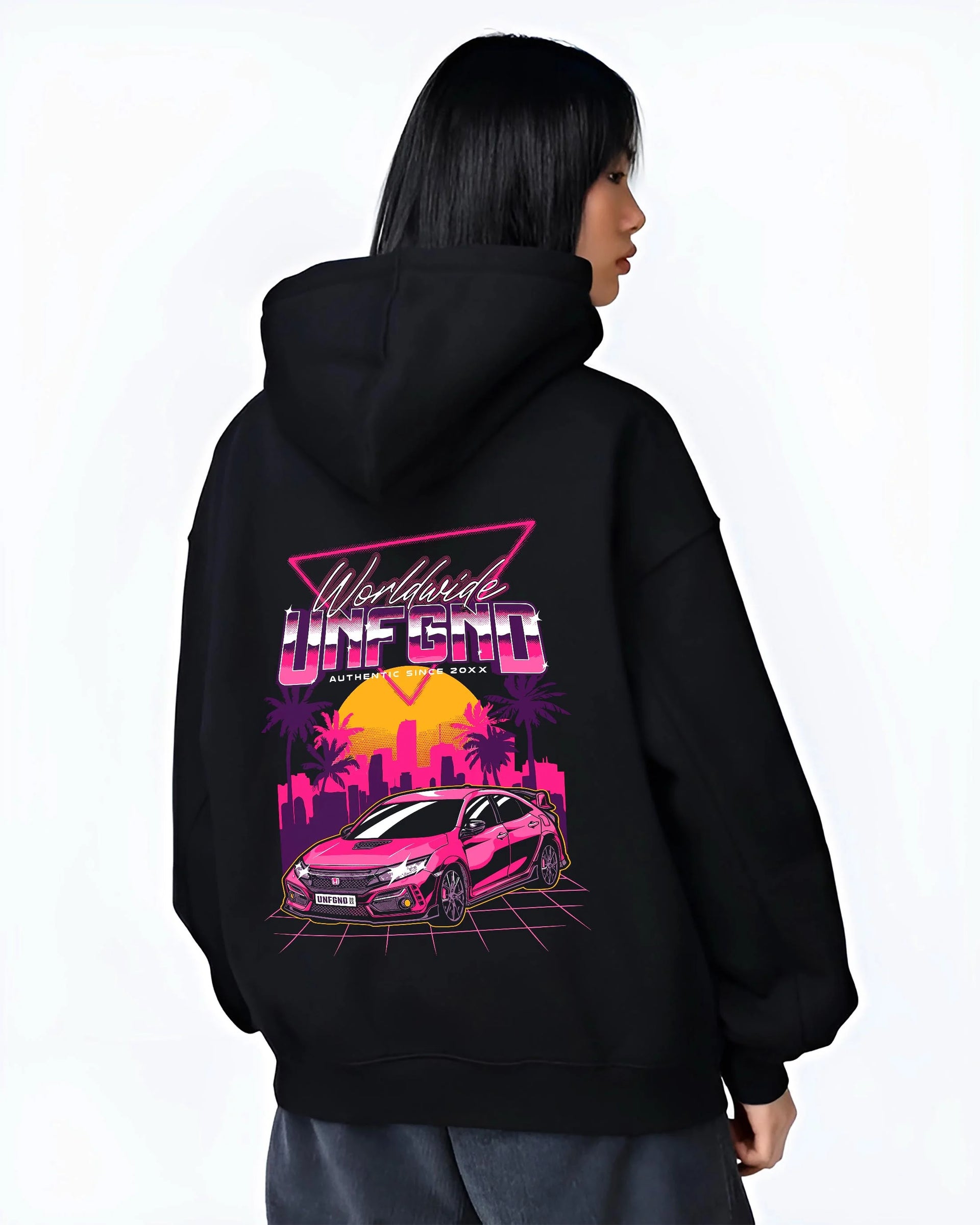 Black hoodie worn by a female model, back view, featuring Honda S2000 rs racing motorsport jdm tuner street graphic.