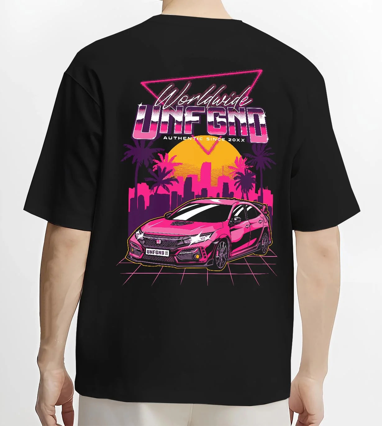Black T-shirt worn by a male model, back view, featuring Honda S2000 rs racing motorsport jdm tuner street graphic.