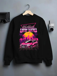 Black crewneck sweatshirt on a hanger against a grey wall, featuring Honda S2000 rs racing motorsport jdm tuner street graphic.