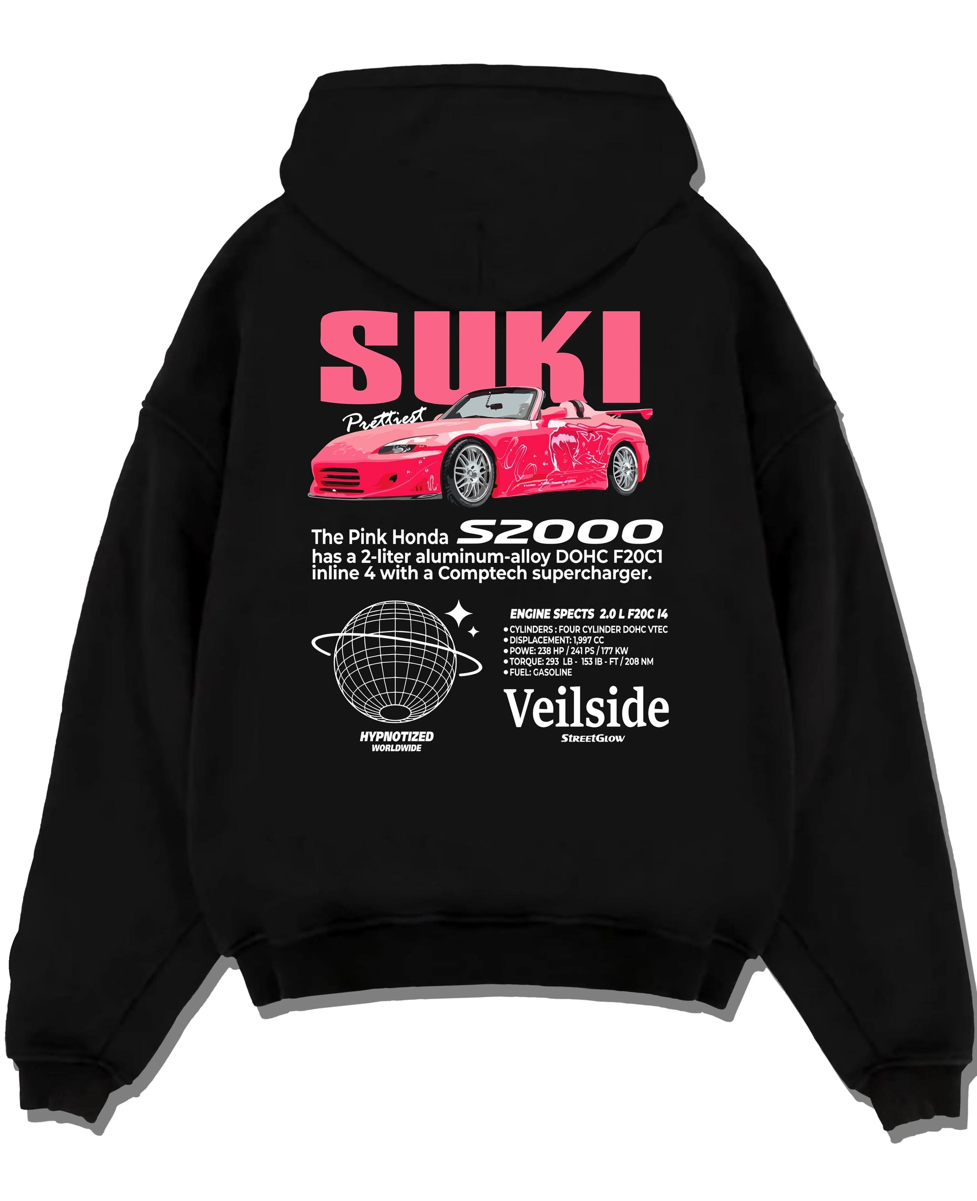 Black pullover hoodie laid flat on a white background, featuring Honda S2000 drift jdm japanese tuner street racing graphic.