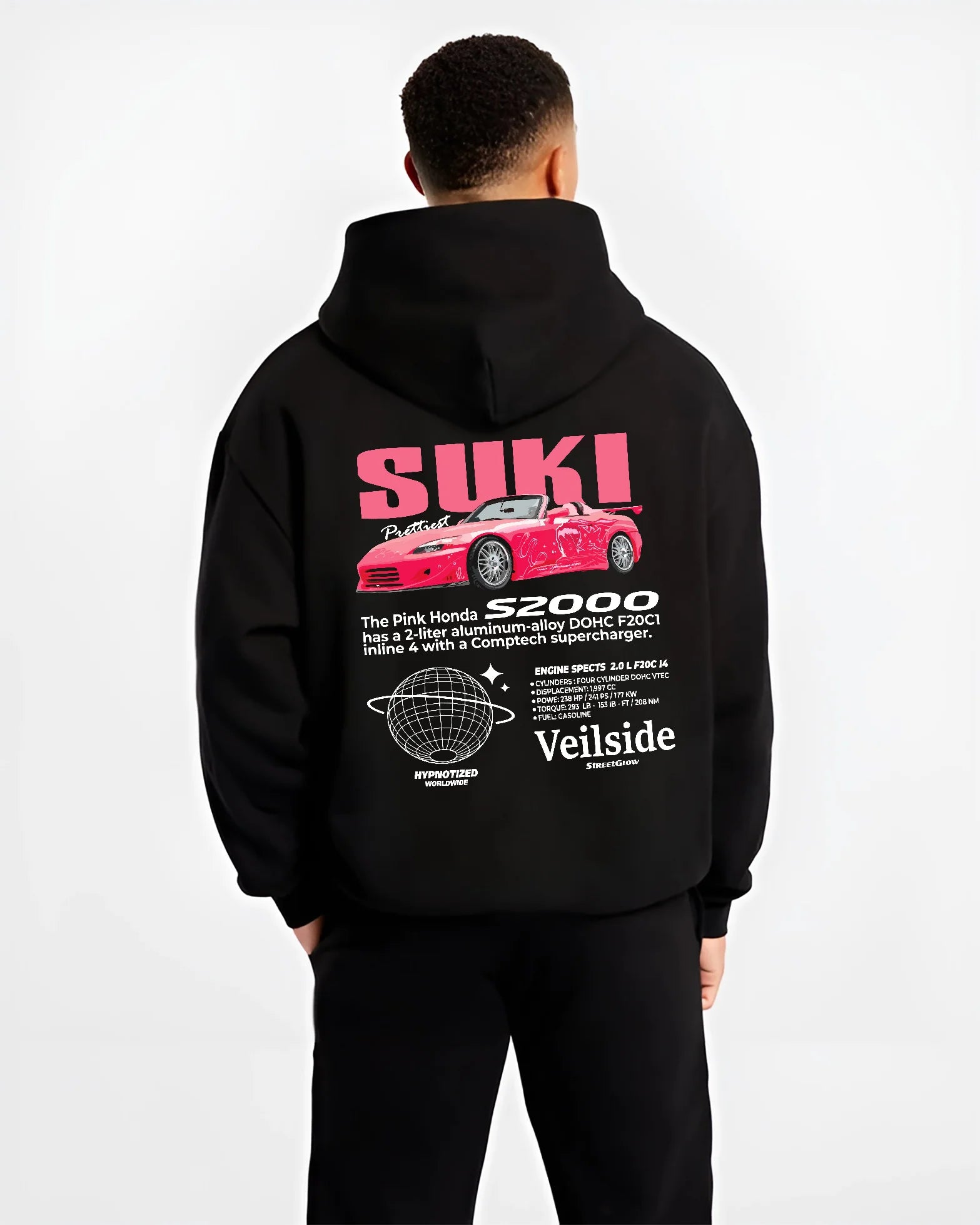 Black hoodie worn by a male model, back view, featuring Honda S2000 drift jdm japanese tuner street racing graphic.