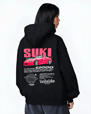 Black hoodie worn by a female model, back view, featuring Honda S2000 drift jdm japanese tuner street racing graphic.
