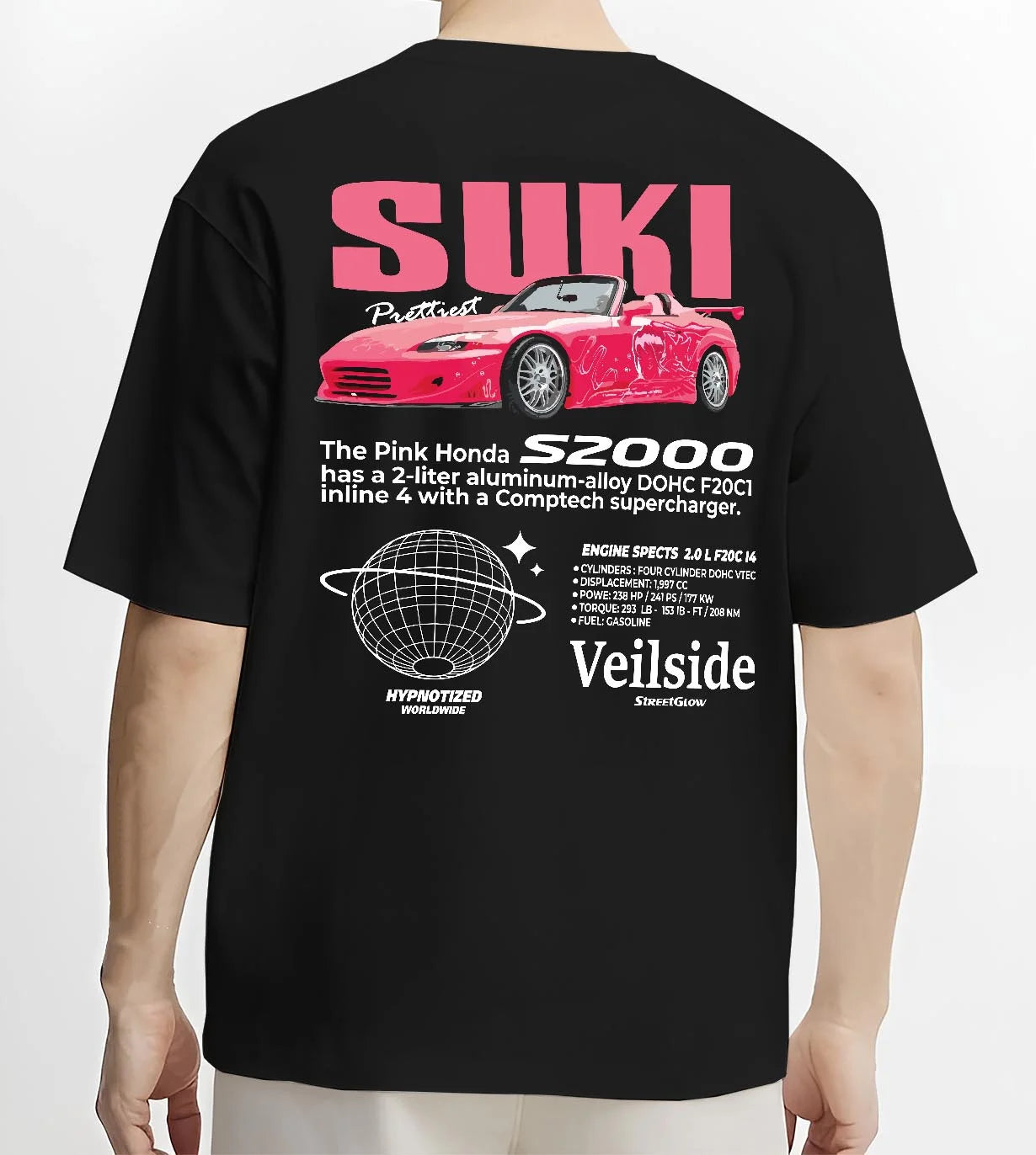 Black T-shirt worn by a male model, back view, featuring Honda S2000 drift jdm japanese tuner street racing graphic.