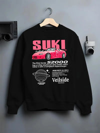 Black crewneck sweatshirt on a hanger against a grey wall, featuring Honda S2000 drift jdm japanese tuner street racing graphic.