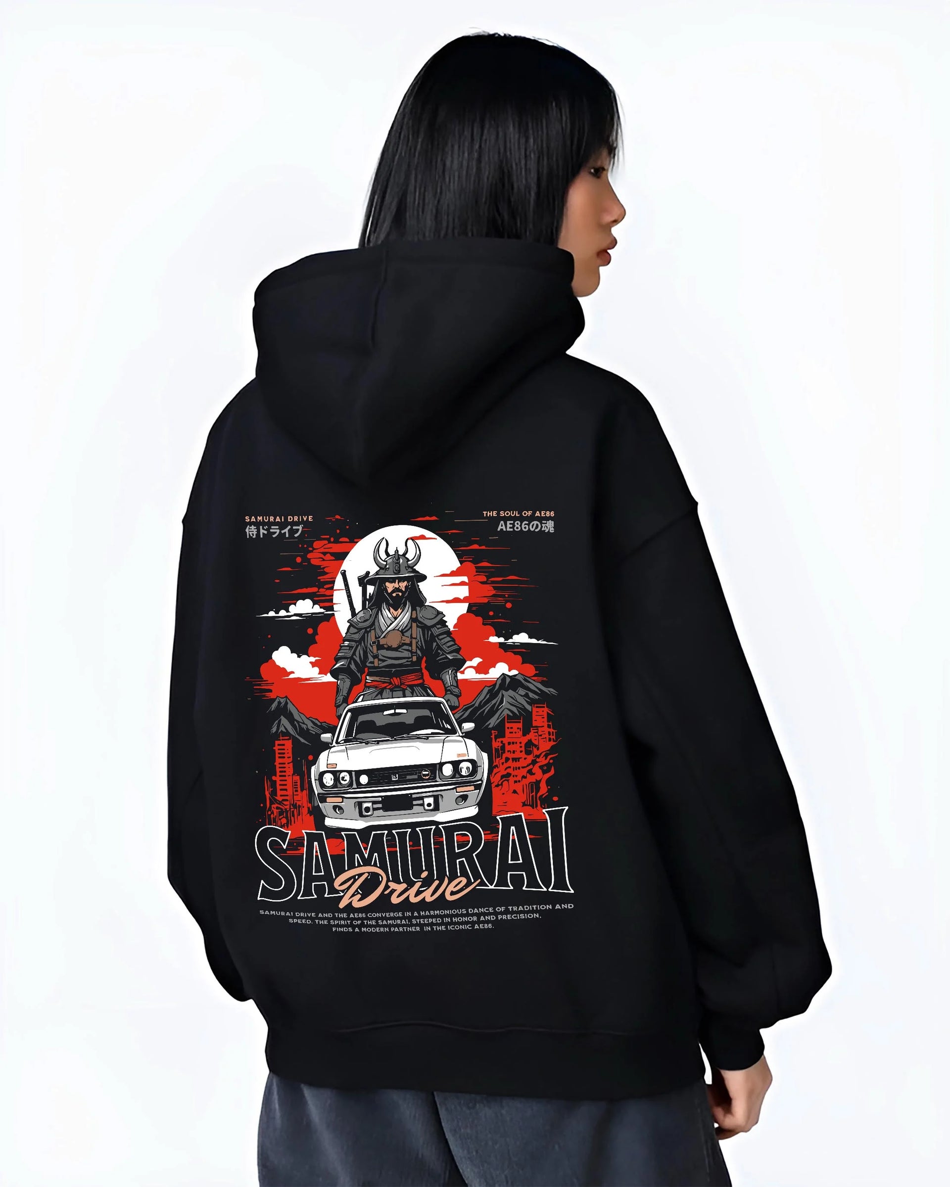 Black hoodie worn by a female model, back view, featuring drift japanese street racing performance motorsport automotive graphic.