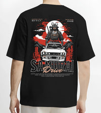 Black T-shirt worn by a male model, back view, featuring drift japanese street racing performance motorsport automotive graphic.