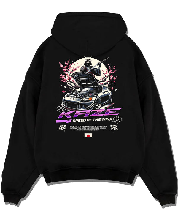 Black pullover hoodie laid flat on a white background, featuring drift japanese street retro racing performance motorsport graphic.