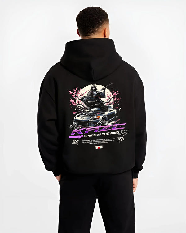 Black hoodie worn by a male model, back view, featuring drift japanese street retro racing performance motorsport graphic.