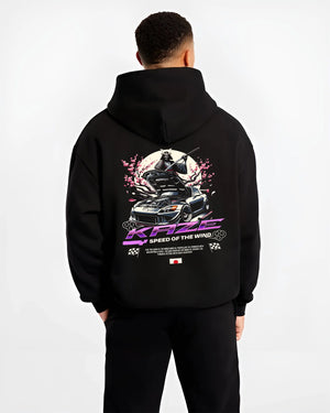 Black hoodie worn by a male model, back view, featuring drift japanese street retro racing performance motorsport graphic.