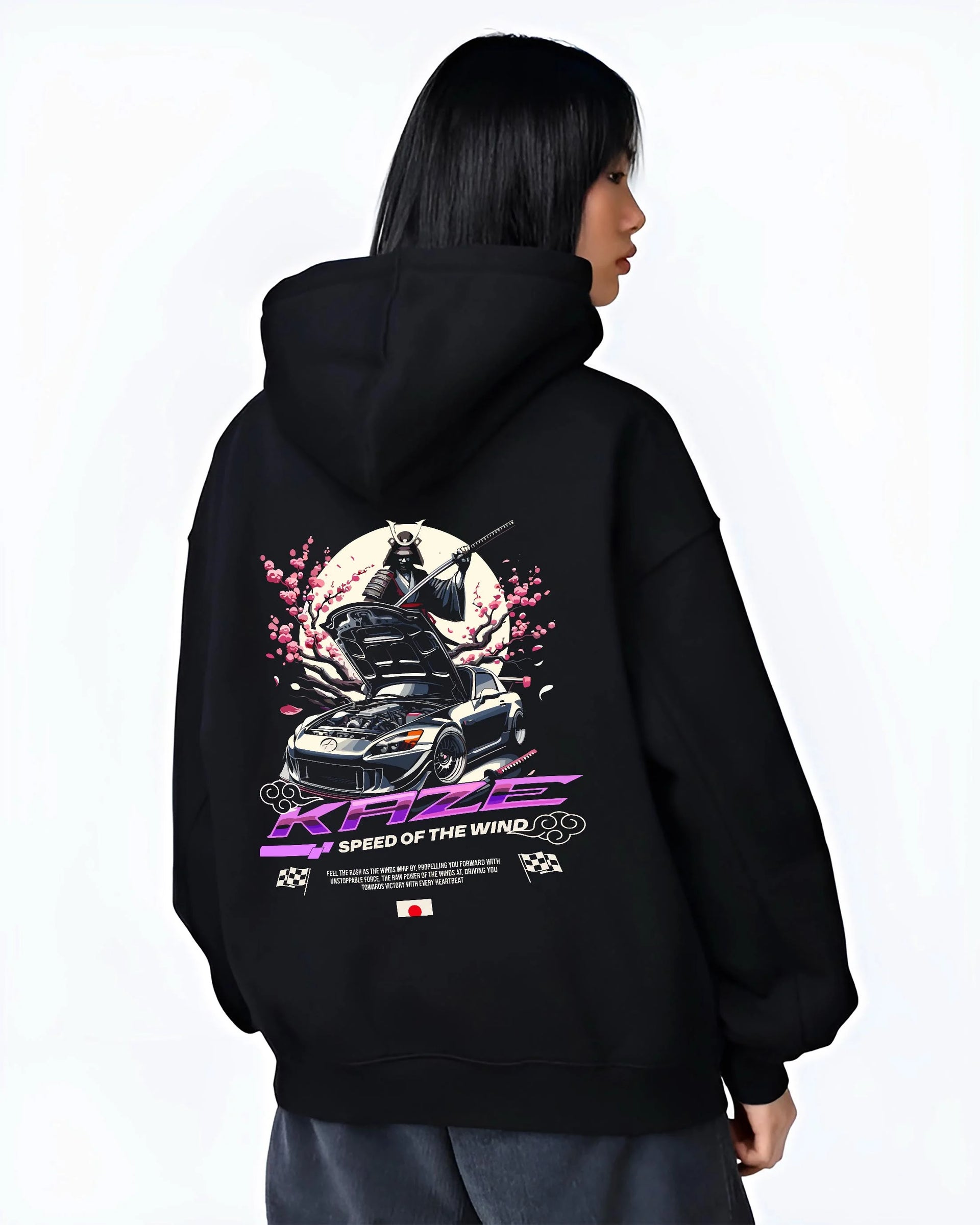 Black hoodie worn by a female model, back view, featuring drift japanese street retro racing performance motorsport graphic.