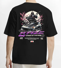 Black T-shirt worn by a male model, back view, featuring drift japanese street retro racing performance motorsport graphic.