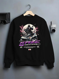 Black crewneck sweatshirt on a hanger against a grey wall, featuring drift japanese street retro racing performance graphic.