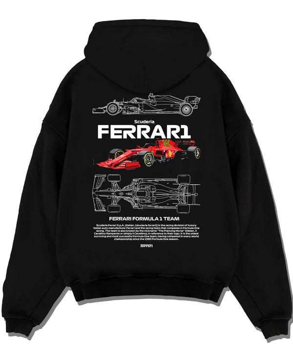 Black pullover hoodie laid flat on a white background, featuring Ferrari rs racing f1 formula motorsport legend legendary graphic.