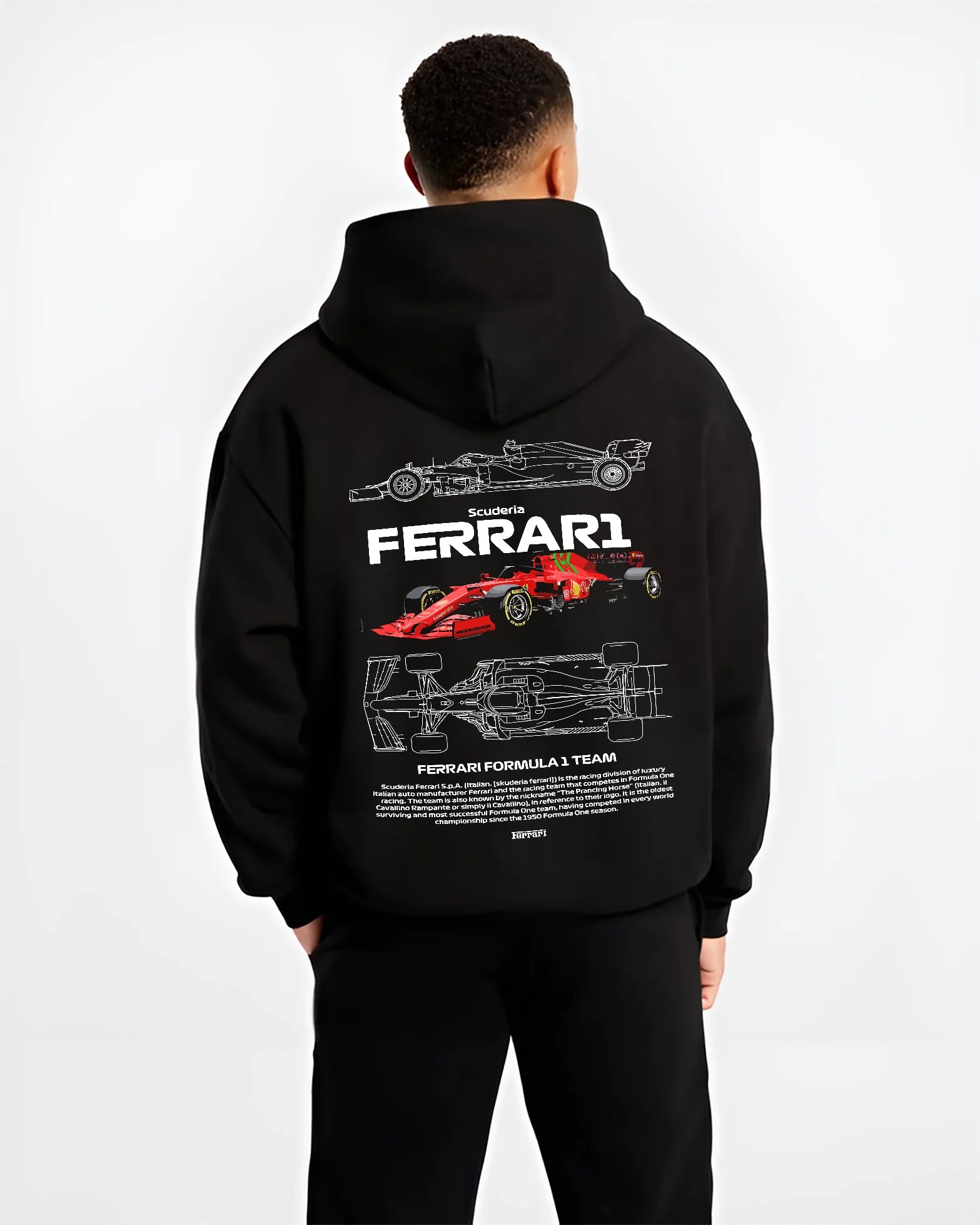 Black hoodie worn by a male model, back view, featuring Ferrari rs racing f1 formula motorsport legend legendary graphic.
