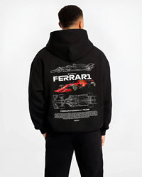 Black hoodie worn by a male model, back view, featuring Ferrari rs racing f1 formula motorsport legend legendary graphic.
