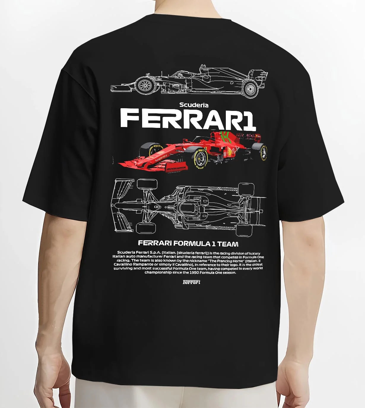 Black T-shirt worn by a male model, back view, featuring Ferrari rs racing f1 formula motorsport legend legendary graphic.