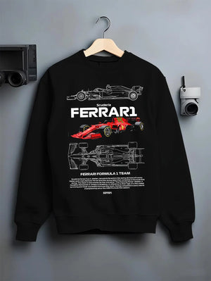 Black crewneck sweatshirt on a hanger against a grey wall, featuring Ferrari rs racing f1 formula motorsport legend graphic.