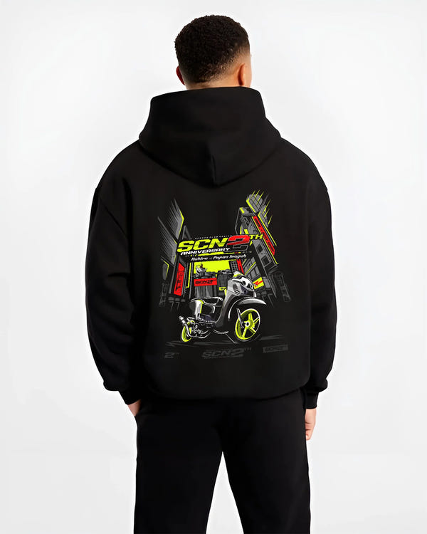 Black hoodie worn by a male model, back view, featuring rs jdm japanese street racing performance motorsport automotive graphic.