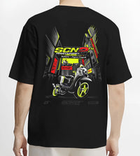 Black T-shirt worn by a male model, back view, featuring rs jdm japanese street racing performance motorsport automotive graphic.