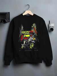Black crewneck sweatshirt on a hanger against a grey wall, featuring rs jdm japanese street racing performance motorsport graphic.