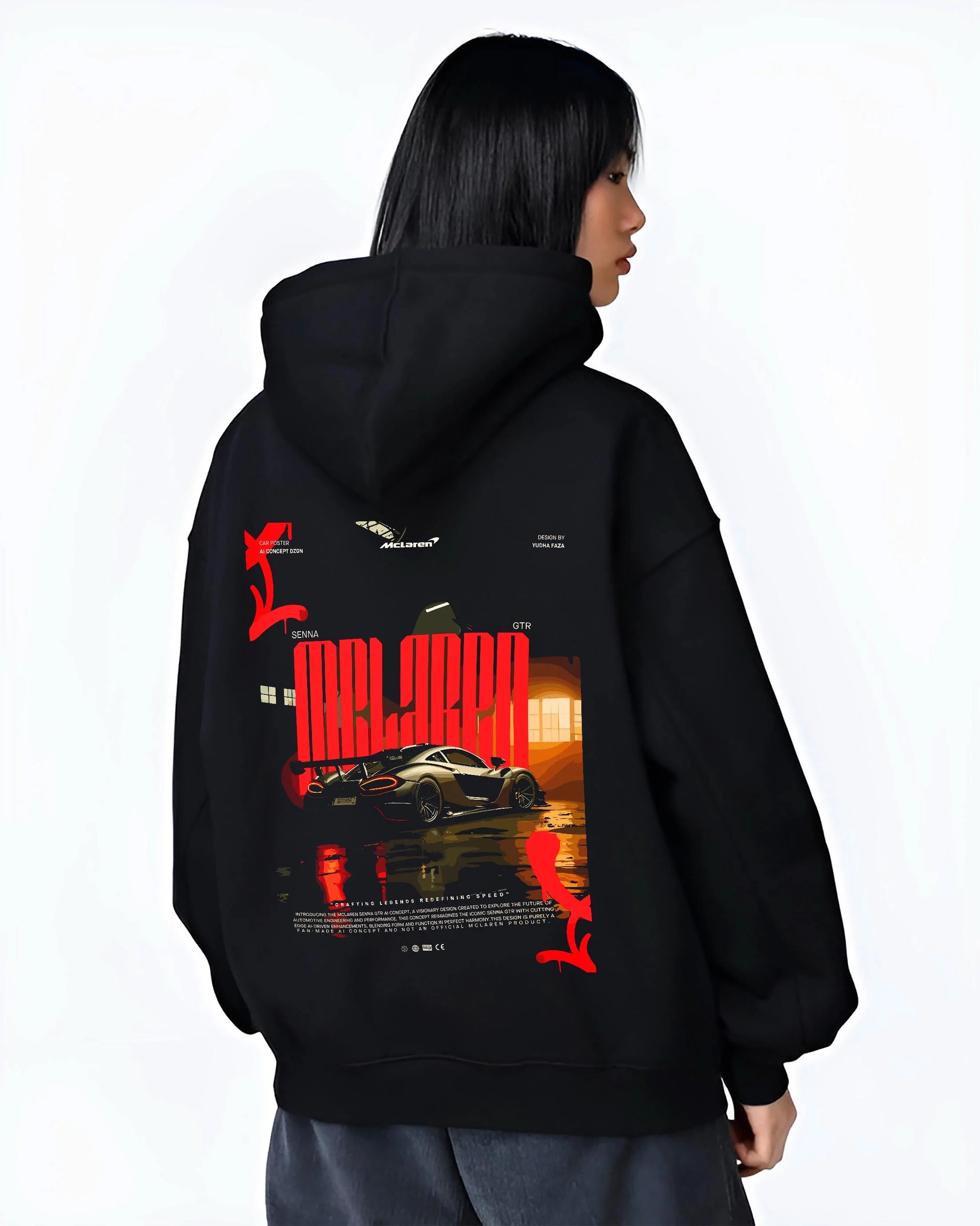 Black hoodie worn by a female model, back view, featuring McLaren SENNA track street racing performance motorsport graphic.