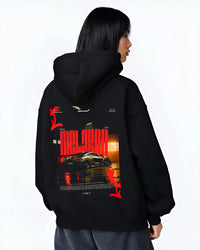 Black hoodie worn by a female model, back view, featuring McLaren SENNA track street racing performance motorsport graphic.
