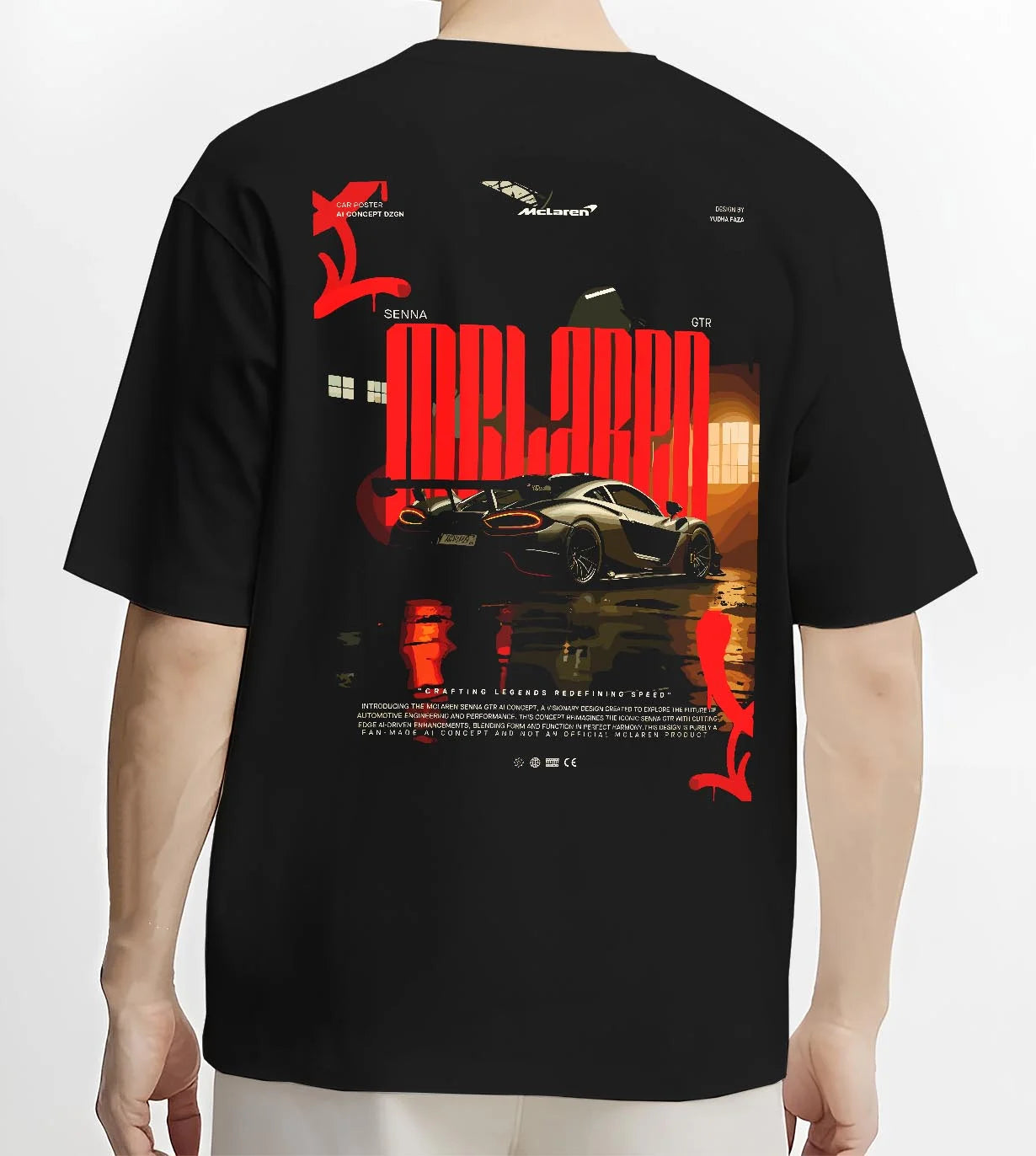 Black T-shirt worn by a male model, back view, featuring McLaren SENNA track street racing performance motorsport graphic.